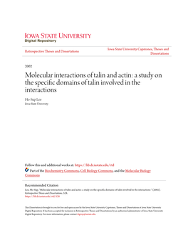 Molecular Interactions of Talin and Actin: a Study on the Specific Domains of Talin Involved in the Interactions Ho-Sup Lee Iowa State University