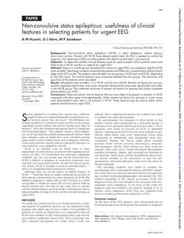 Non-Convulsive Status Epilepticus: Usefulness of Clinical Features in Selecting Patients for Urgent EEG a M Husain, G J Horn, M P Jacobson