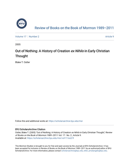 Out of Nothing: a History of Creation Ex Nihilo in Early Christian Thought