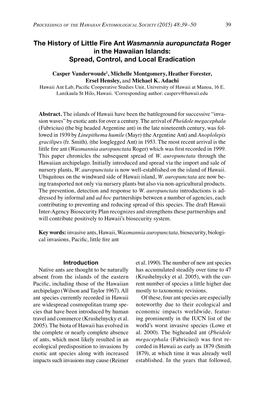 The History of Little Fire Ant Wasmannia Auropunctata Roger in the Hawaiian Islands: Spread, Control, and Local Eradication