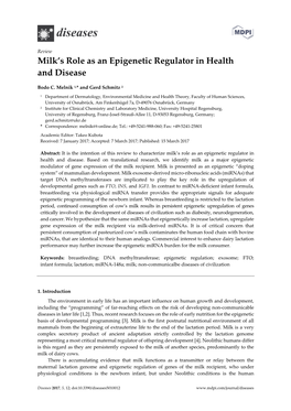 Milk's Role As an Epigenetic Regulator in Health and Disease