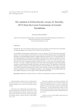 On Variation in Schloenbachia Varians (J. Sowerby, 1817) from the Lower Cenomanian of Western Kazakhstan