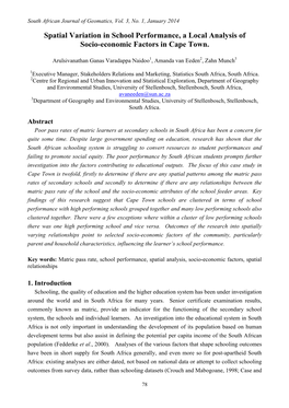 Spatial Variation in School Performance, a Local Analysis of Socio-Economic Factors in Cape Town