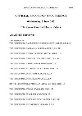 OFFICIAL RECORD of PROCEEDINGS Wednesday, 2