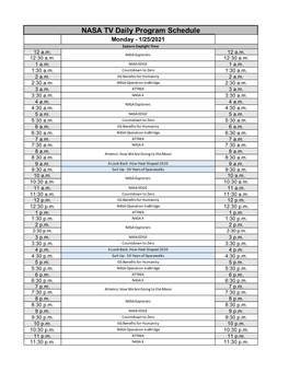 NASA TV Daily Program Schedule Monday - 1/25/2021 Eastern Daylight Time 12 A.M