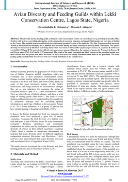 Avian Diversity and Feeding Guilds Within Lekki Conservation Centre, Lagos State, Nigeria