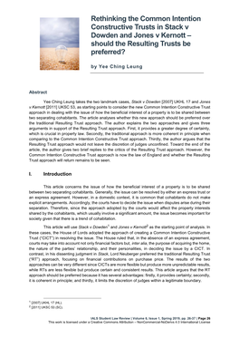 Rethinking the Common Intention Constructive Trusts in Stack V Dowden and Jones V Kernott – Should the Resulting Trusts Be Preferred?