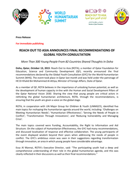 Reach out to Asia Announces Final Recommendations of Global Youth Consultation