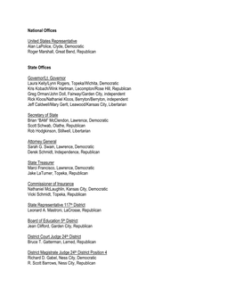 National Offices United States Representative Alan Lapolice, Clyde, Democratic Roger Marshall, Great Bend, Republican State Offi