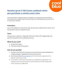 Receive up to € 150 Canon Cashback When You Purchase a Camera and a Lens