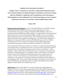 1/8 FINDING of NO SIGNIFICANT IMPACT Adoption of the U.S. Department of Agriculture, Animal and Plant Health Inspection Service