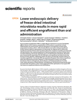 Lower Endoscopic Delivery of Freeze-Dried Intestinal Microbiota Results in More Rapid and Efficient Engraftment Than Oral Admini