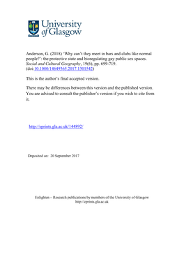 Anderson, G. (2018) ‘Why Can’T They Meet in Bars and Clubs Like Normal People?’: the Protective State and Bioregulating Gay Public Sex Spaces
