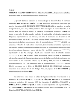 7-18-3U TRIBUNAL SEGUNDO DE SENTENCIA DE ZACATECOLUCA, Departamento De La Paz, a Las Quince Horas Del Día Veinte De Julio De Dos Mil Dieciocho