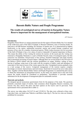 Barents Baltic Nature and People Programme the Results of Sociological Survey of Tourists In