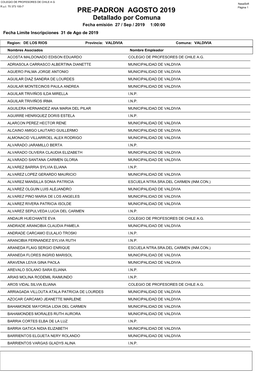 PRE-PADRON AGOSTO 2019 Página 1 Detallado Por Comuna Fecha Emisión 27 / Sep / 2019 - 1:00:00 Fecha Límite Inscripciones 31 De Ago De 2019