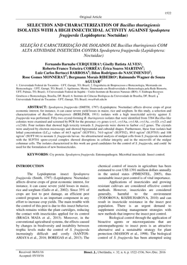 SELECTION and CHARACTERIZATION of Bacillus Thuringiensis ISOLATES with a HIGH INSECTICIDAL ACTIVITY AGAINST Spodoptera Frugiperda (Lepidoptera: Noctuidae)