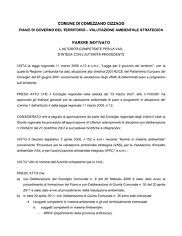 Parere Motivato L’Autorità Competente Per La Vas, D’Intesa Con L’Autorità Procedente