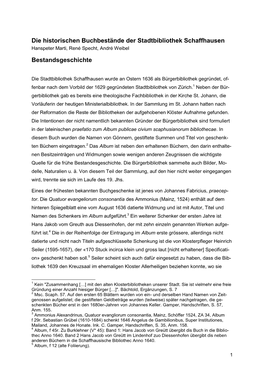 Die Historischen Buchbestände Der Stadtbibliothek Schaffhausen Hanspeter Marti, René Specht, André Weibel Bestandsgeschichte