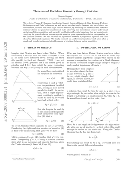 Theorems of Euclidean Geometry Through Calculus