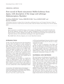 First Record of Baetis Taiwanensis Müller-Liebenau from Japan, with Description of the Imago and Subimago (Ephemeroptera: Baetidae)