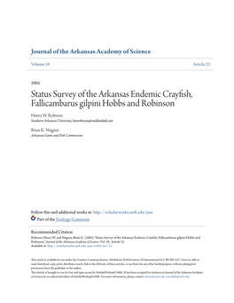 Status Survey of the Arkansas Endemic Crayfish, Fallicambarus Gilpini Hobbs and Robinson Henry W