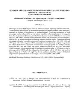 PENGARUH MEDAN MAGNET TERHADAP PRODUKTIVITAS LIPID MIKROALGA Choricystis Sp