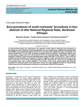 Sero-Prevalence of Small Ruminants' Brucellosis in Four Districts of Afar