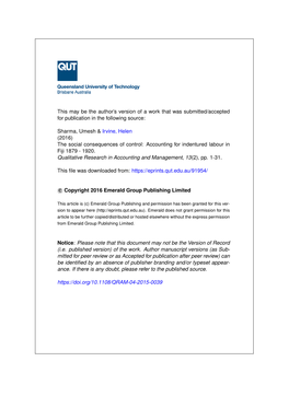 The Social Consequences of Control: Accounting for Indentured Labour in Fiji 1879 - 1920