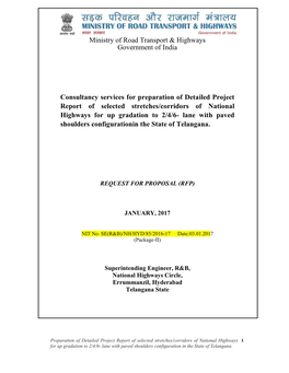 Ministry of Road Transport & Highways Government of India Consultancy Services for Preparation of Detailed Project Report Of