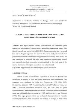 Actual State and Changes of Flora and Vegetation in the Broczăłwka Steppe Reserve