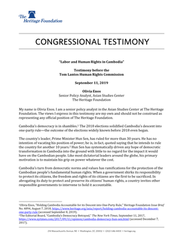 “Labor and Human Rights in Cambodia” Testimony Before The