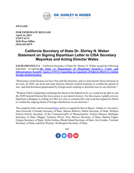 California Secretary of State Dr. Shirley N. Weber Statement on Signing Bipartisan Letter to CISA Secretary Mayorkas and Acting Director Wales