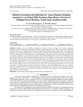 (Elephas Maximus L.) in Palani Hills Northern Slope Reserve Forests of Dindigul Forest Division, Tamil Nadu, Southern India G