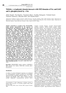 Meltrin a Cytoplasmic Domain Interacts with SH3 Domains of Src and Grb2 and Is Phosphorylated by V-Src