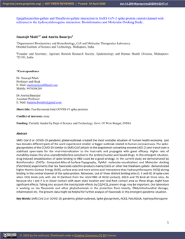 1 Epigallocatechin-Gallate and Theaflavin-Gallate Interaction in SARS Cov-2 Spike-Protein Central-Channel with Reference To