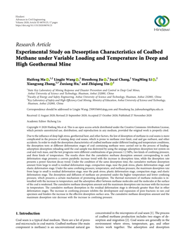 Research Article Experimental Study on Desorption Characteristics of Coalbed Methane Under Variable Loading and Temperature in Deep and High Geothermal Mine