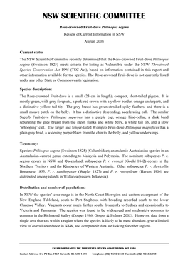 Rose-Crowned Fruit-Dove Ptilinopus Regina Review of Current Information in NSW August 2008