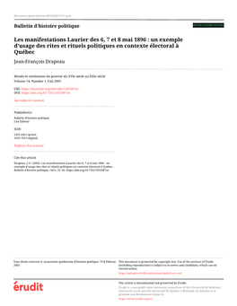 Les Manifestations Laurier Des 6, 7 Et 8 Mai 1896 : Un Exemple D’Usage Des Rites Et Rituels Politiques En Contexte Électoral À Québec Jean-François Drapeau