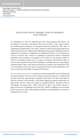 Quantum Field Theory for Economics and Finance Belal Ehsan Baaquie Frontmatter More Information