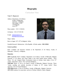 Biography Curriculum Vitae Vuk F