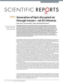 Generation of Hprt-Disrupted Rat Through Mouse←Rat ES Chimeras Ayako Isotani1,2, Kazuo Yamagata2,†, Masaru Okabe2 & Masahito Ikawa1,2