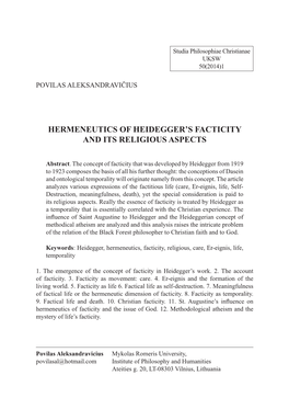 Hermeneutics of Heidegger's Facticity and Its Religious Aspects