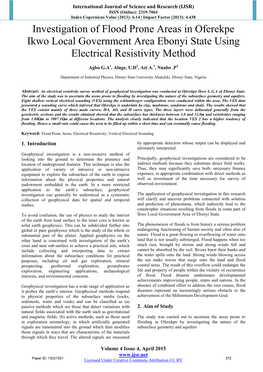 Investigation of Flood Prone Areas in Oferekpe Ikwo Local Government Area Ebonyi State Using Electrical Resistivity Method