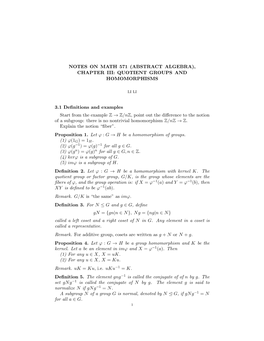 Notes on Math 571 (Abstract Algebra), Chapter Iii: Quotient Groups and Homomorphisms