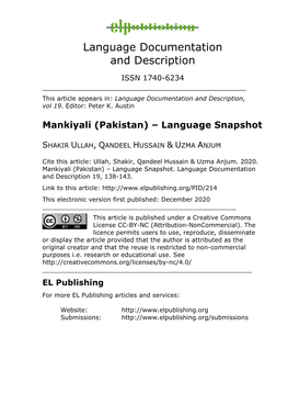 Mankiyali (Pakistan) – Language Snapshot