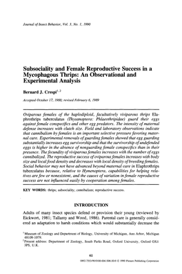 Subsociality and Female Reproductive Success in a Mycophagous Thrips: an Observational and Experimental Analysis