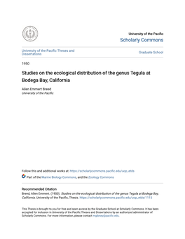 Studies on the Ecological Distribution of the Genus Tegula at Bodega Bay, California