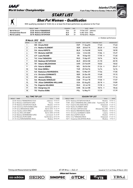 START LIST Shot Put Women - Qualification with Qualifying Standard of 18.60 (Q) Or at Least the 8 Best Performers (Q) Advance to the Final