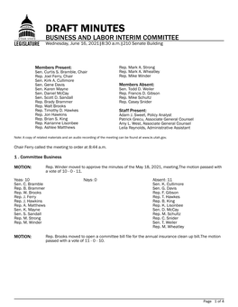 DRAFT MINUTES BUSINESS and LABOR INTERIM COMMITTEE Wednesday, June 16, 2021|8:30 A.M.|210 Senate Building